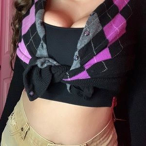 Purple, gray, black argyle sweater